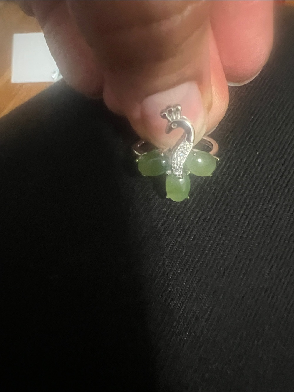 JADE Green Peacock Ring with Silver Tone Setting STAMP S925 see pics